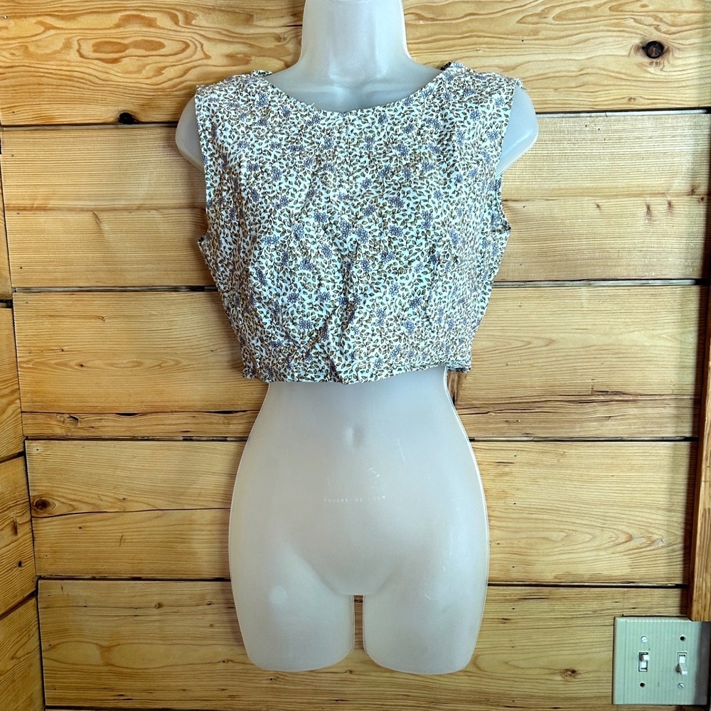 Vintage Crop Top Womens Large Purple Ditsy Floral Pastel Summer Blouse Handmade